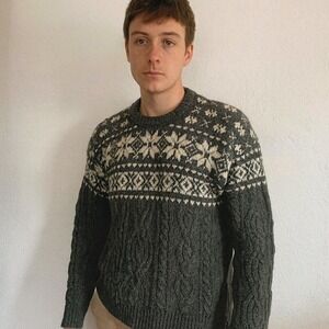 Inis Crafts‎ 100% Merino Wool Sweater Womens Medium Gray Fair Isle Cable Knit